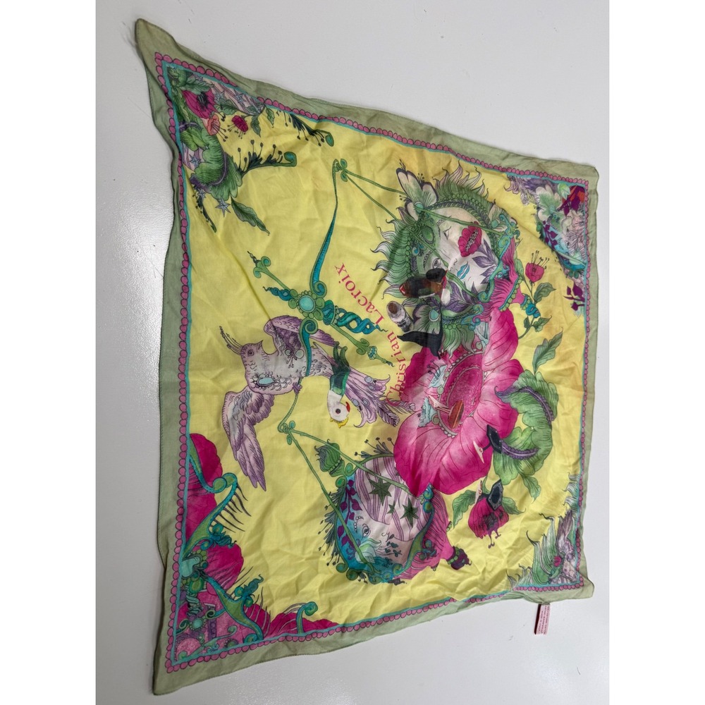 Christian Lacroix Vintage Cotton Scarf Yellow Floral Bird Print Made in Italy